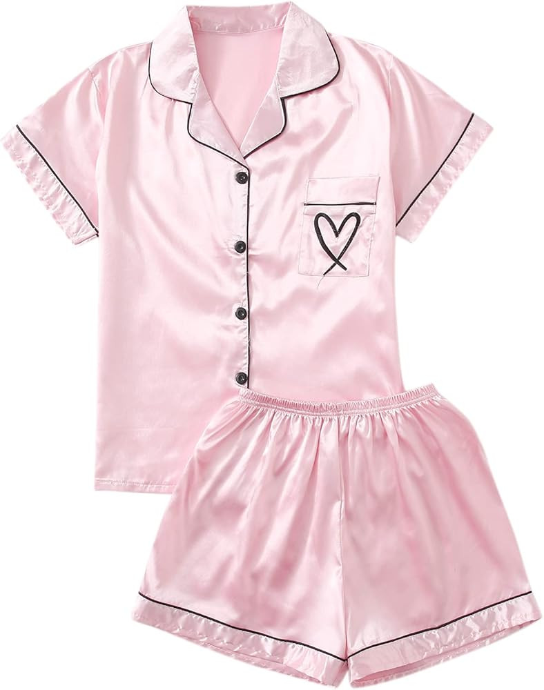 DIDK Women's Pocket Contrast Binding Satin Button Up Pajama Set | Amazon (US)