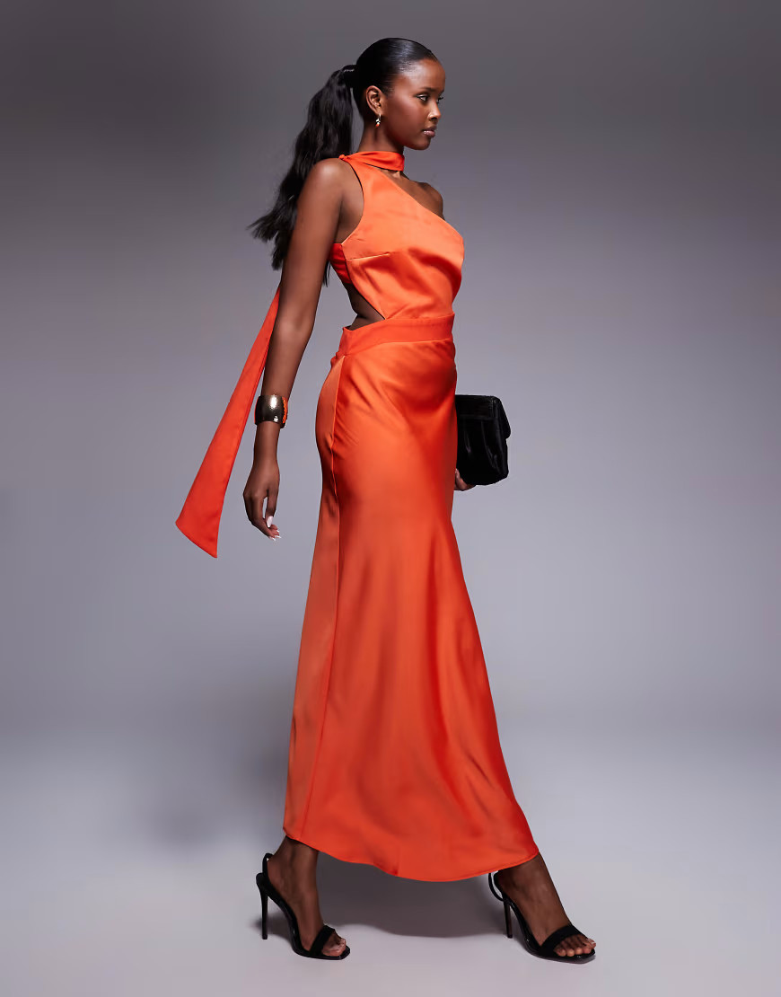 ASOS DESIGN – Midikleid aus Satin in dunklem Orange mit Bindedetail am Ausschnitt und One-Shoulder-Träger | ASOS (Global)