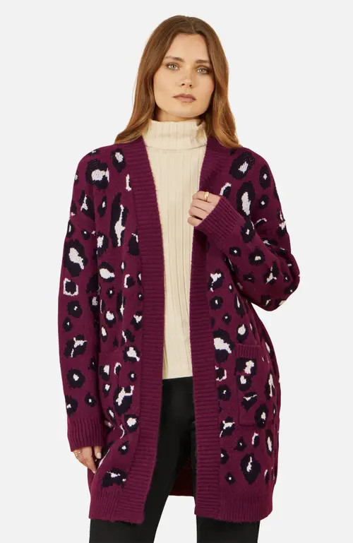 Yumi Animal Intarsia Long Cardigan in Burgundy at Nordstrom, Size Medium | Nordstrom