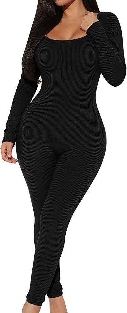 Picaurshe Jumpsuits for Women Yoga Long Sleeve Square Neck Ribbed Workout Sport Bodycon Jumpsuit | Amazon (US)