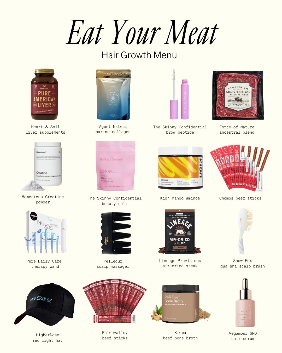 EAT YOUR MEAT: Hair Growth Menu

#LTKHome #LTKBeauty #LTKSeasonal
