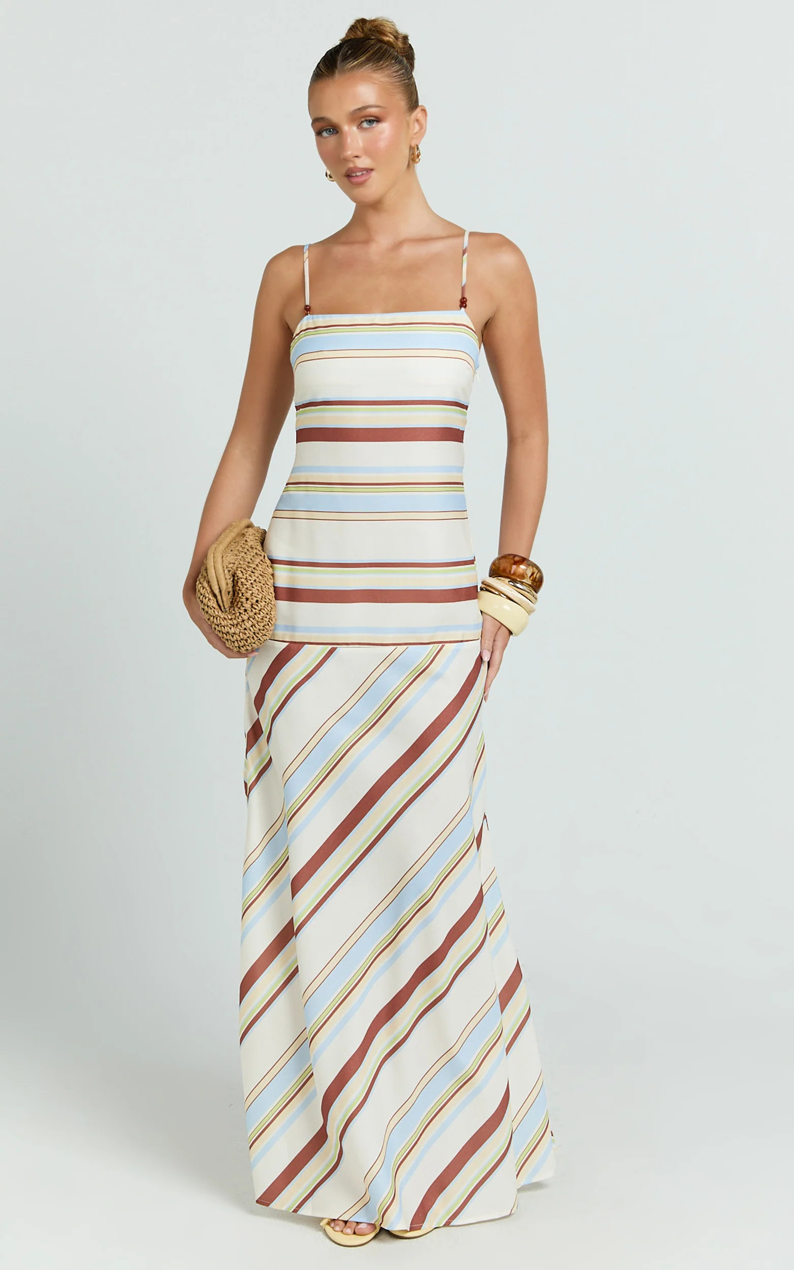 Yurika Maxi Dress - Square Neck Stripe Print Slip Dress in Choco Retro Stripe | Showpo (US, UK & Europe)
