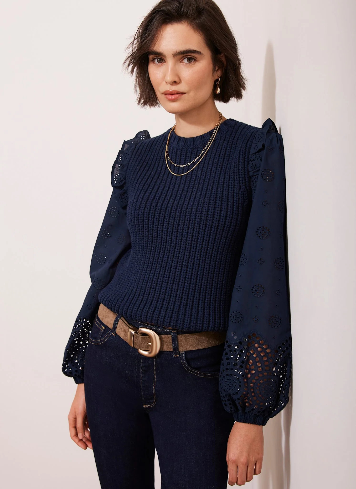 Navy Cotton Blend Broderie Sleeve Jumper | Mint Velvet