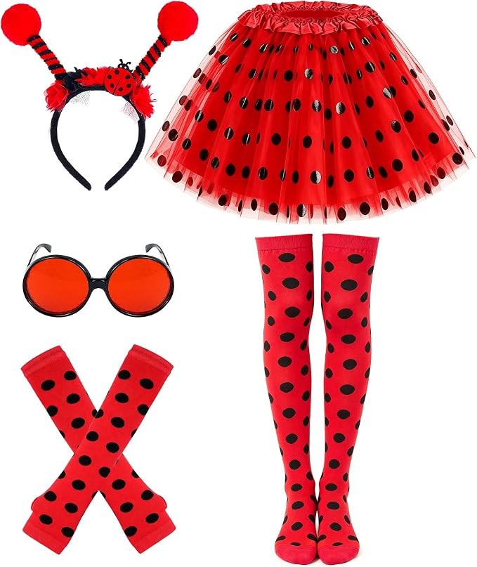 Hikkcos 5 Pcs Ladybug Costume Halloween Tutu Antenna Headband | Round Glasses, Polka Dot Sleeves,... | Amazon (US)