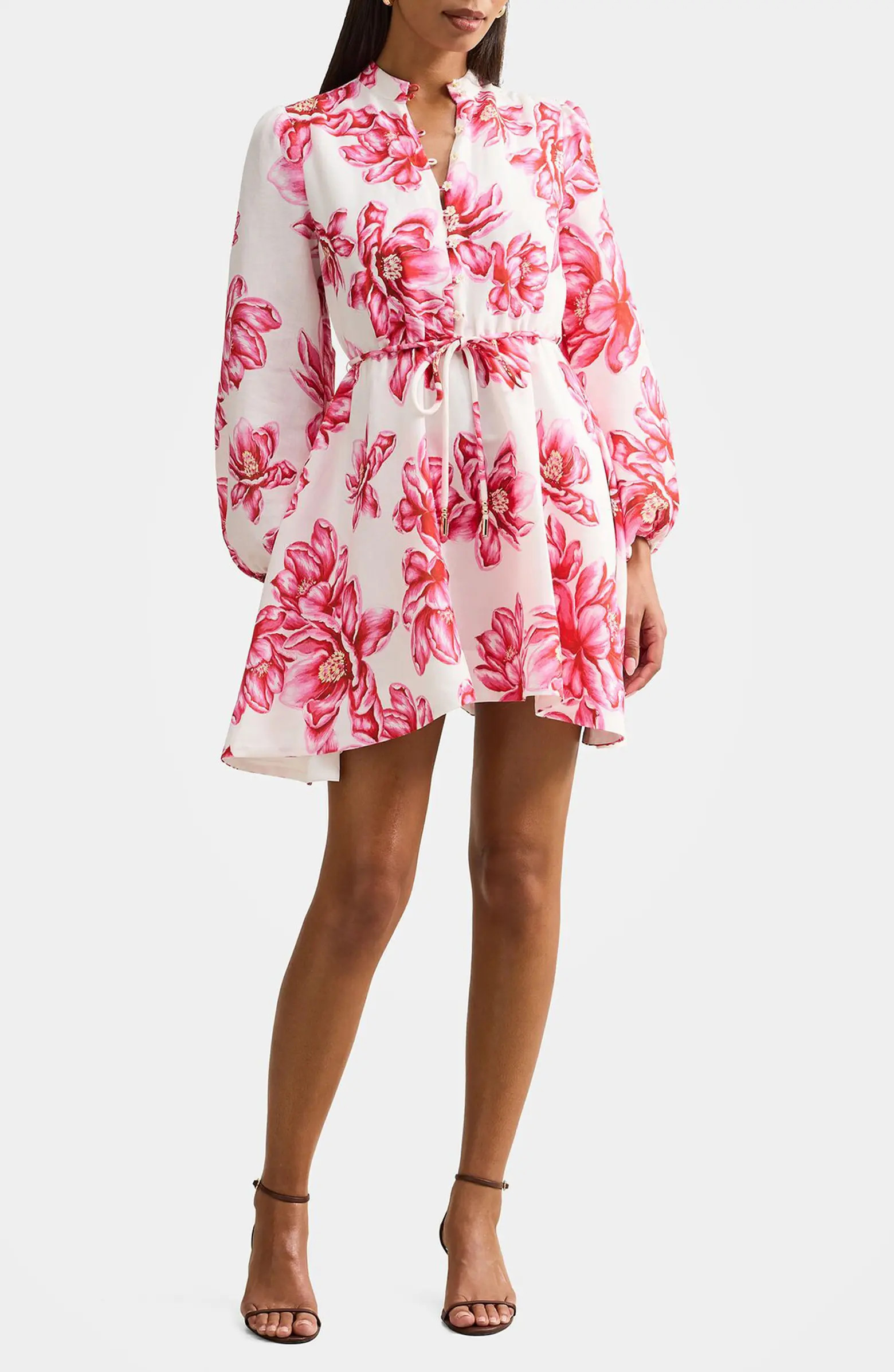 Annalise Tie Waist Long Sleeve Linen Blend Minidress | Nordstrom