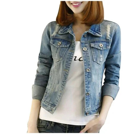 koaiezne Ladies Casual Button Pocket Patchwork Short Denim Vintage Distressed Jean Jacket Womens Jac | Walmart (US)