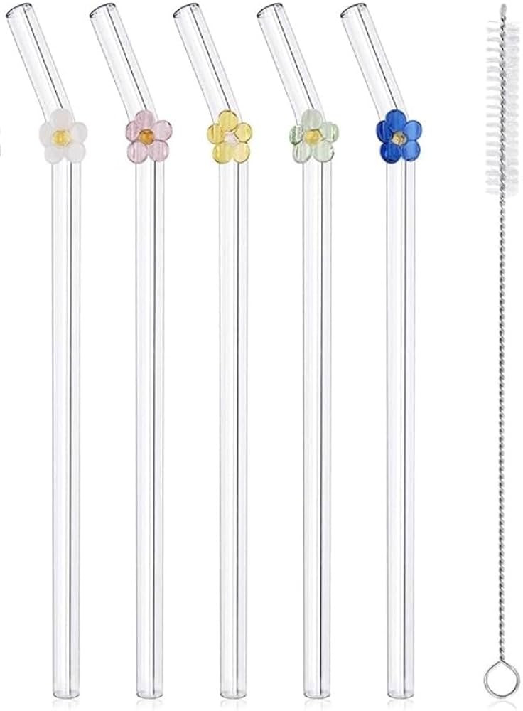 Homely Hues - 5 Pack Reusable glass flower straw with 1 cleaning brush | Dishwasher safe | Easy t... | Amazon (US)