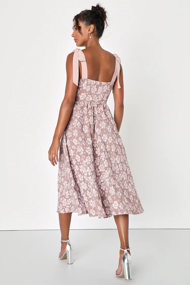 Bubbly Bliss Mauve Pink Jacquard Bustier Tie-Strap Midi Dress | Lulus