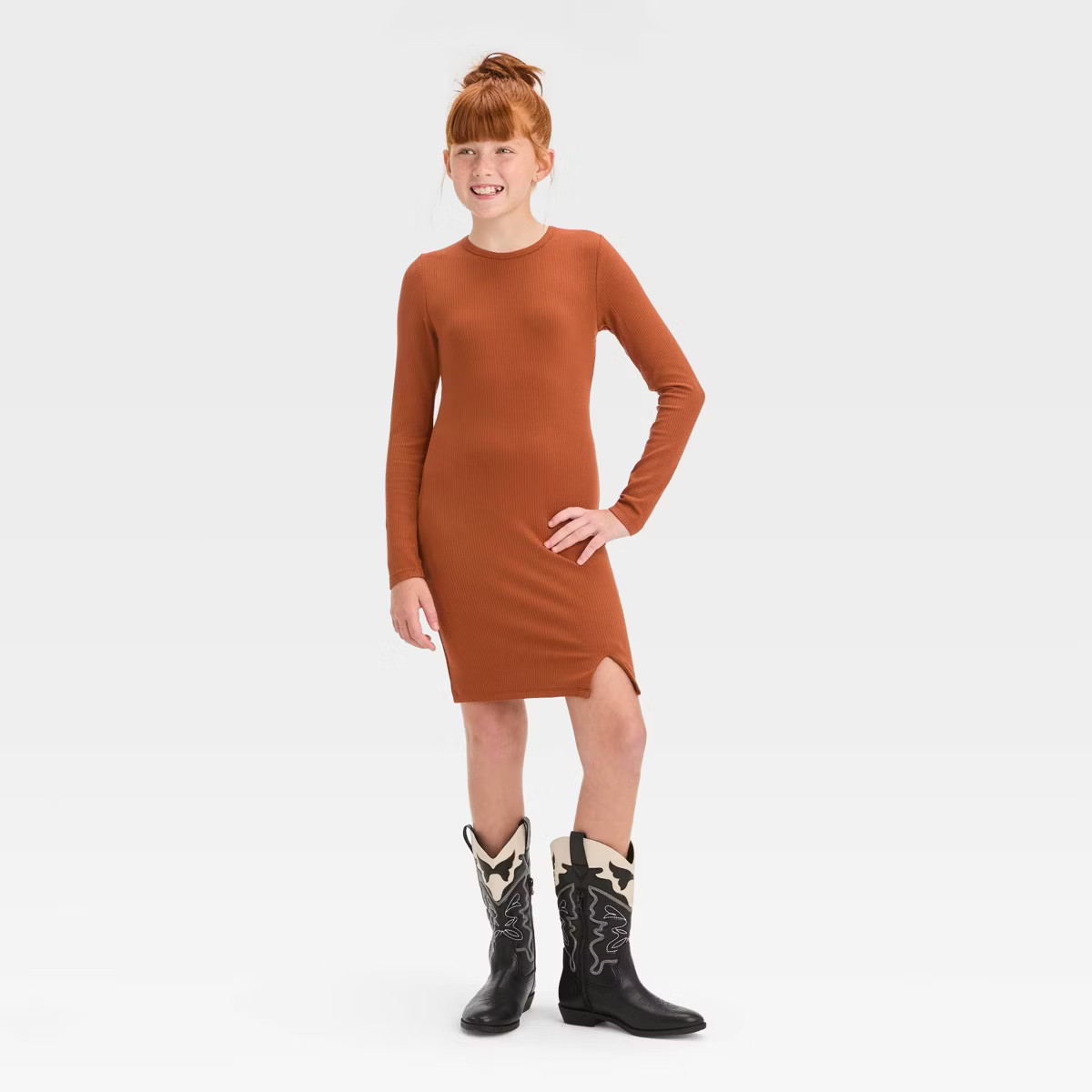 Girls' Long Sleeve Knit Dress - art class™ Copper Brown M | Target