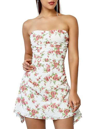 Parthea Womens Floral Dress Y2K Strapless Dresses Going Out Sexy Mini Dress for Cocktail Clubwear Party Rose | Amazon (US)