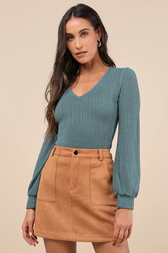 Cozy Affection Teal Pointelle Knit Balloon Sleeve Top | Lulus