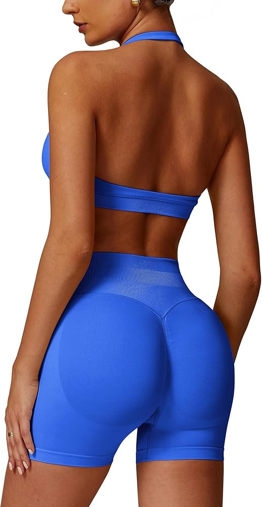 ABOCIW Workout Sets for Women 2 Piece seamless Halter Sports Bra Scrunch Butt Impact Shorts Gym Y... | Amazon (US)