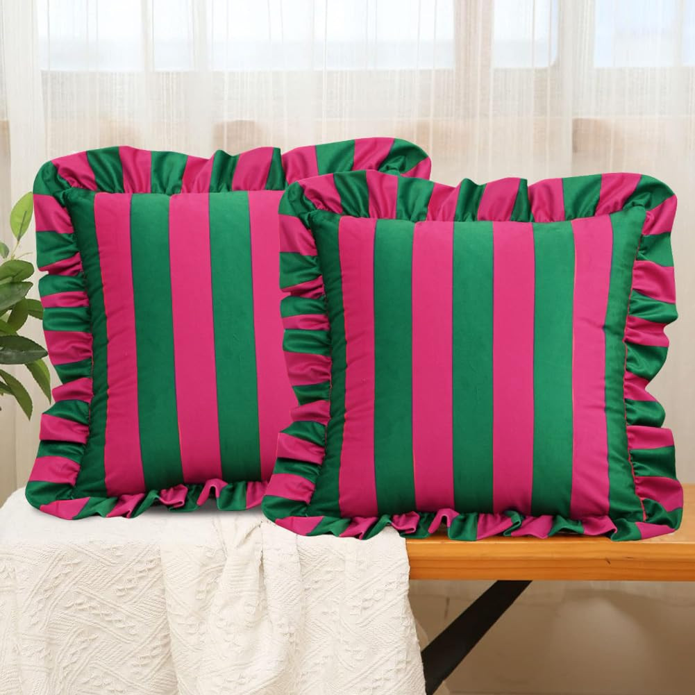 vctops Ruffle Square Throw Pillow Covers Boho Pink and Green Striped Decorative Pillowcases Set o... | Amazon (US)