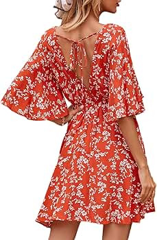 Floerns Women's Ditsy Floral Plunge Neck Knot Front A Line Short Dress | Amazon (US)