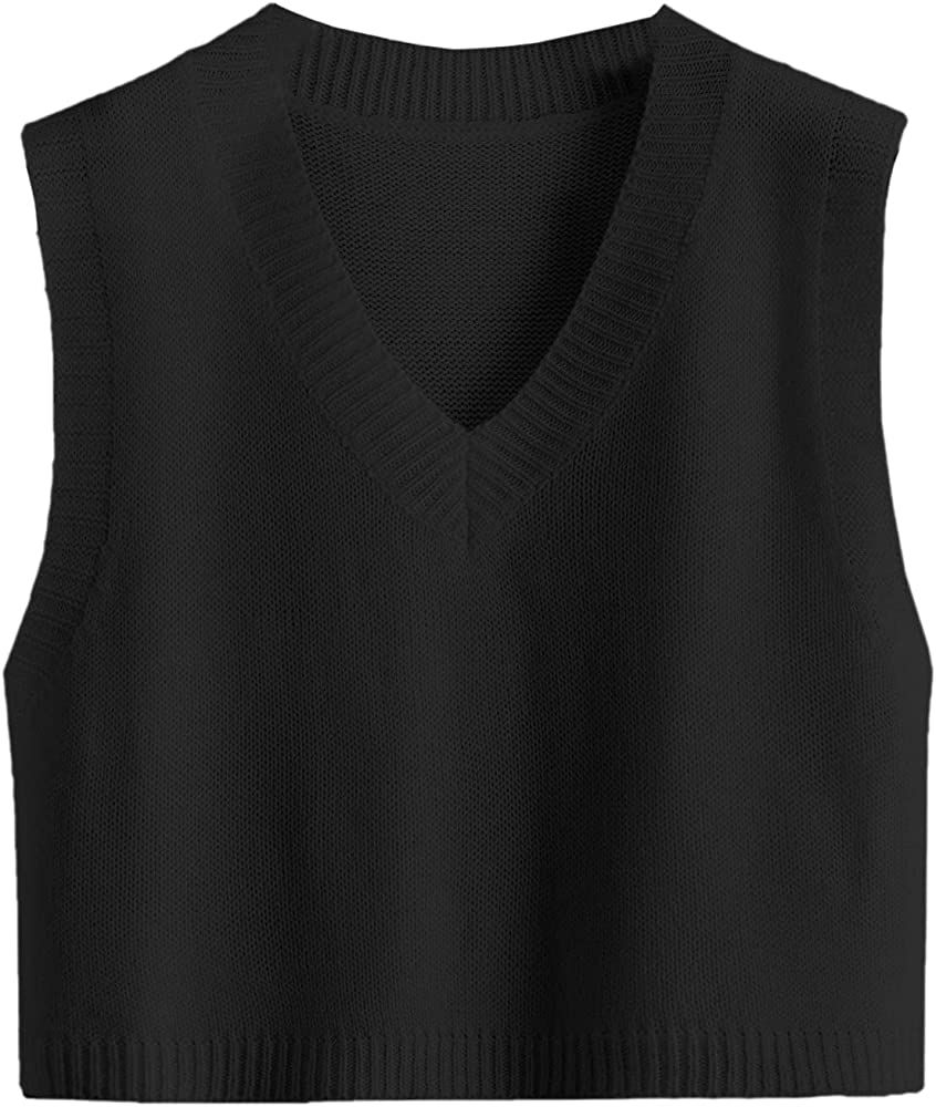 Romwe Women's Knit Sweater Vest Women Crop Y2K Sweater Vests V Neck Sleeveless JK Uniform Pullove... | Amazon (US)