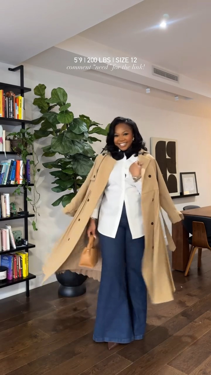 Love this look! Essential items with a twist 😍✨ I am 5’9 | 200 lbs wearing a size 8 in the trench (also comes in black and is on SALE) wearing a large in the white button down 😍 (use JANESHA15 for $$ off!) and size 31 tall in the jeans! 

#LTKWorkWear #LTKMidsize #LTKStyleTip
