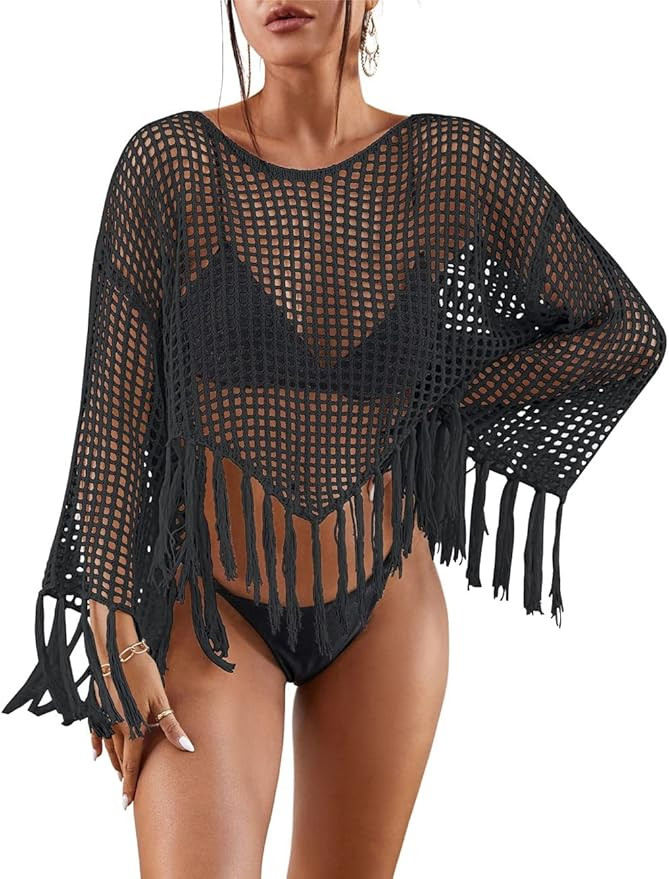 Bsubseach 2025 Beach Cover Up for Women Fringe Crochet Top Summer Bikini Coverups Long Sleeve Hol... | Amazon (US)