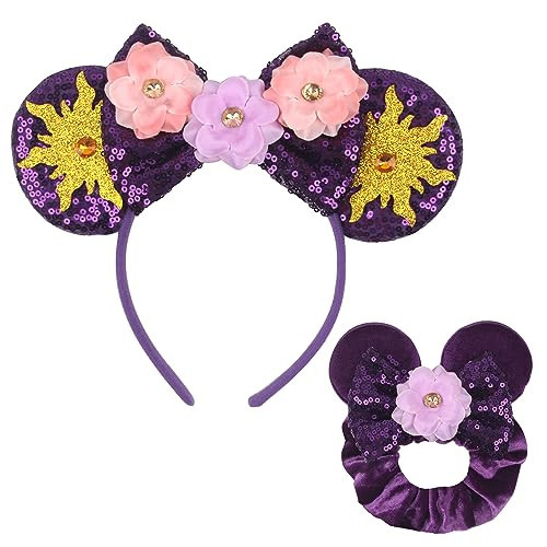 zhezesmila Mouse Ears Headband with Pink Flower Bow Scrunchies Rapunzel Princess Ears Headband Party Costume Hair Accessories Headwear Decoration for Women | Amazon (US)
