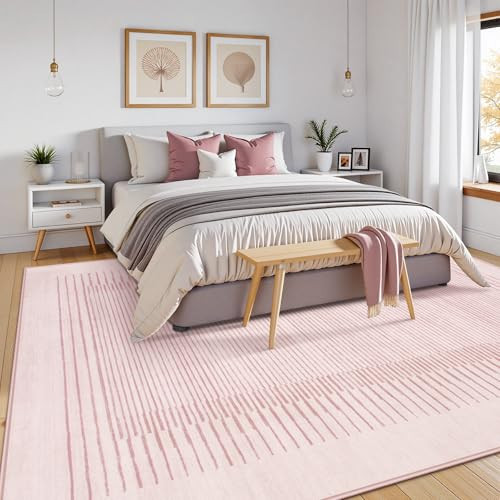 Wonnitar Washable Pink Striped Rug for Bedroom 8x10, Non-Slip Living Room Area Rug, Minimalist Berber Stripe Area Rug, Soft Floor Carpet for Nursery Playroom Closet (Pink, 8' x 10') | Amazon (US)