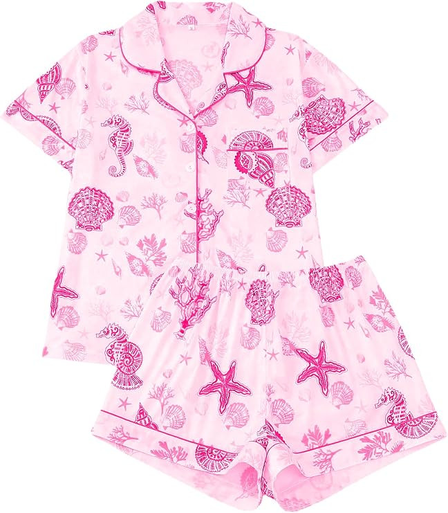 Women's 2 Piece Summer Ocean Print Pajama Sets Starfish Shell Sleepwear Short Sleeve Nightwear So... | Amazon (US)