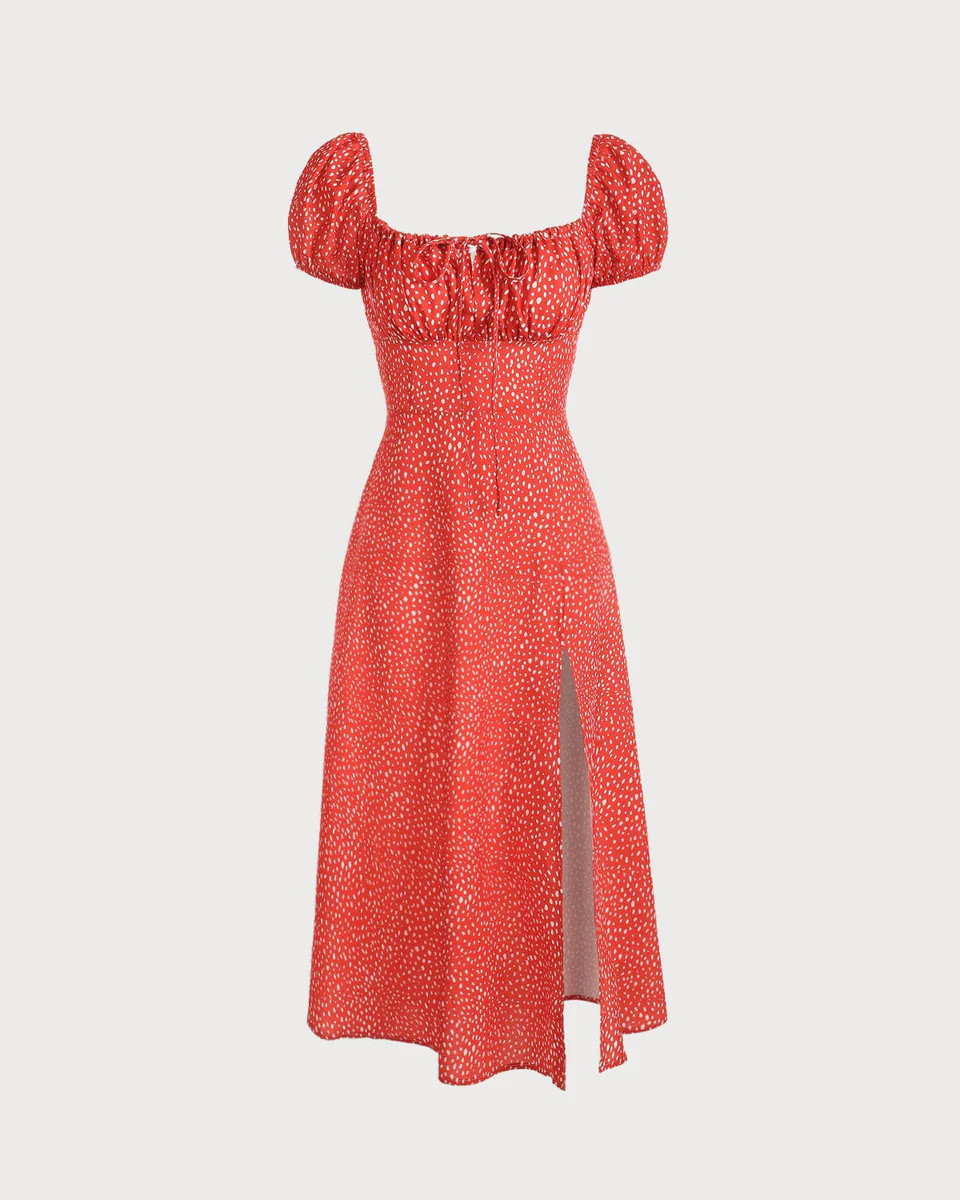 The Square Neck Side Slit Polka Dot Midi Dress & Reviews - Red,Black - Dresses | RIHOAS | rihoas.com