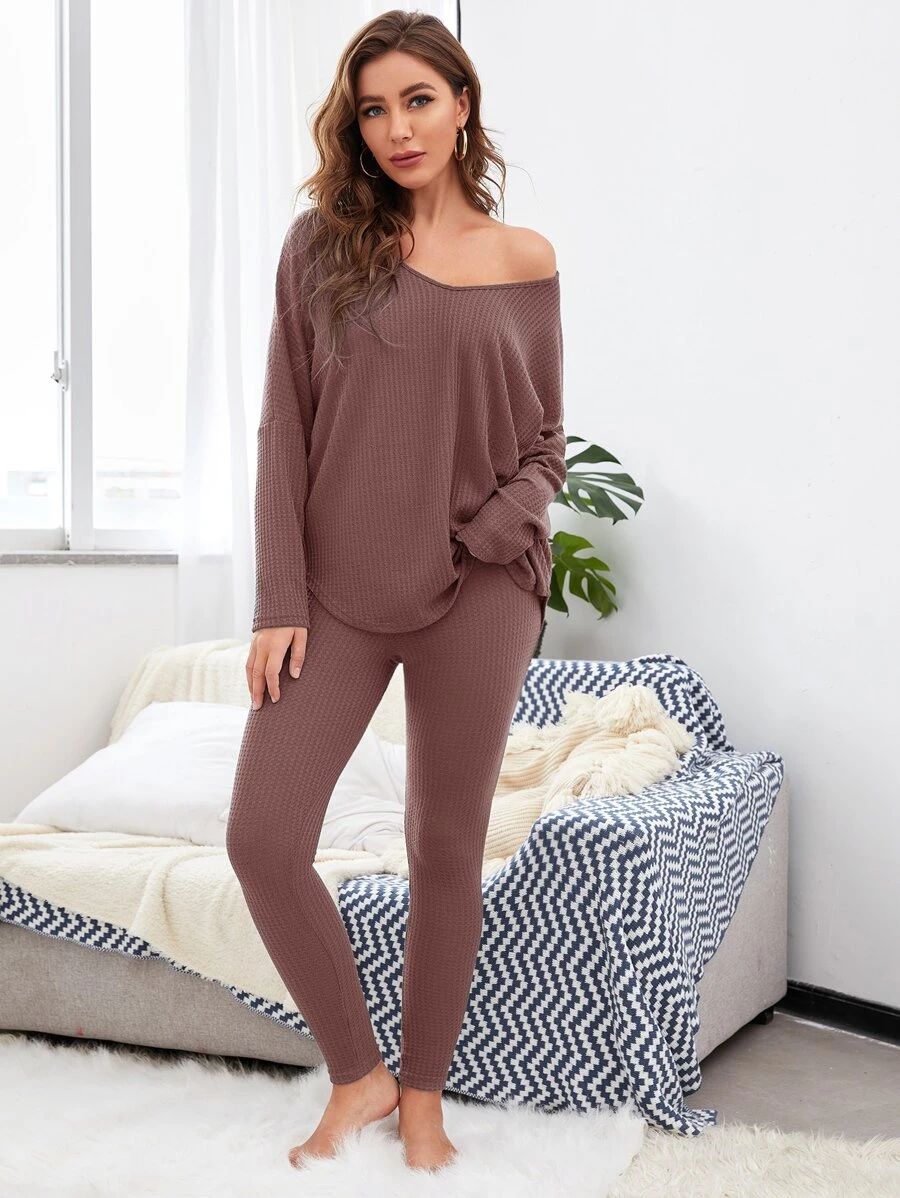 Solid Drop Shoulder V Neck Lounge Set | SHEIN