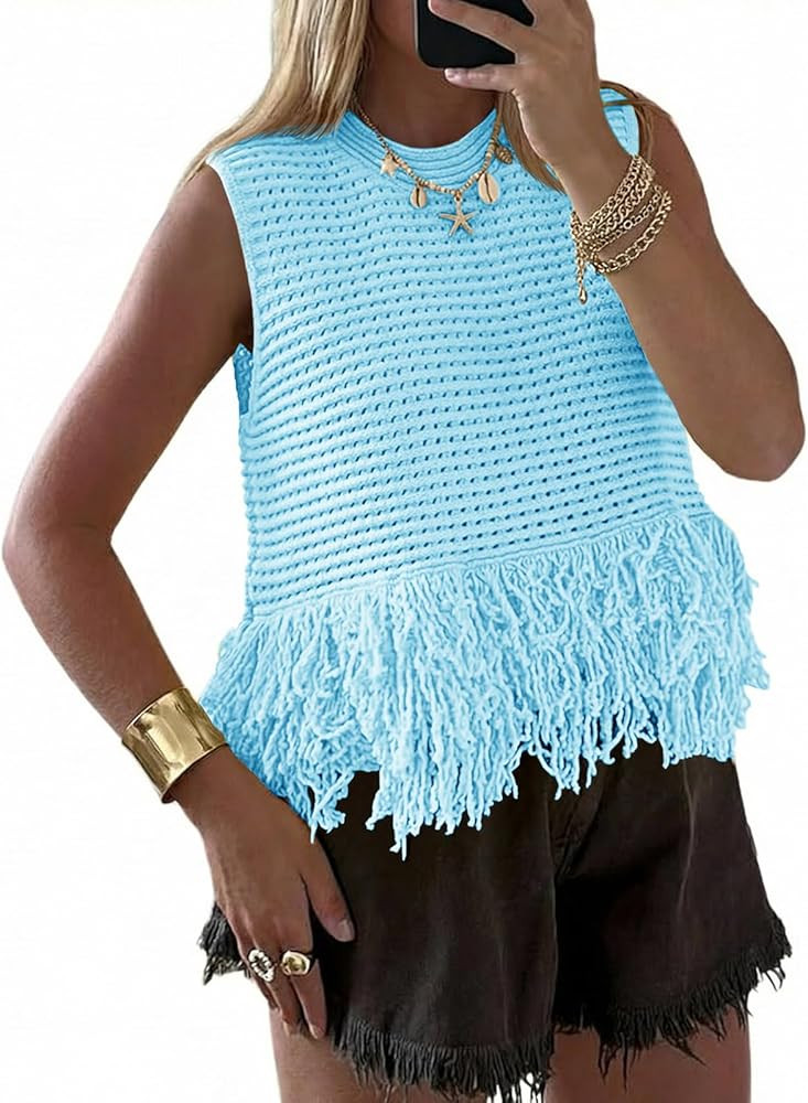 Saodimallsu Womens Crochet Crop Tank Tops Sleeveless Fringe Crew Neck Trendy Boho Knit Summer Swe... | Amazon (US)