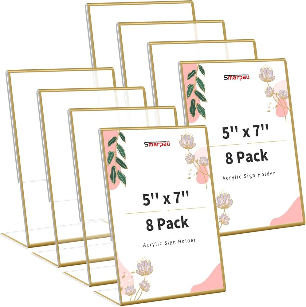 Smarpau 8 Pack Gold Acrylic Sign Holder 5x7 Gold Picture Frames Double Sided Acrylic Sign Holder ... | Amazon (US)
