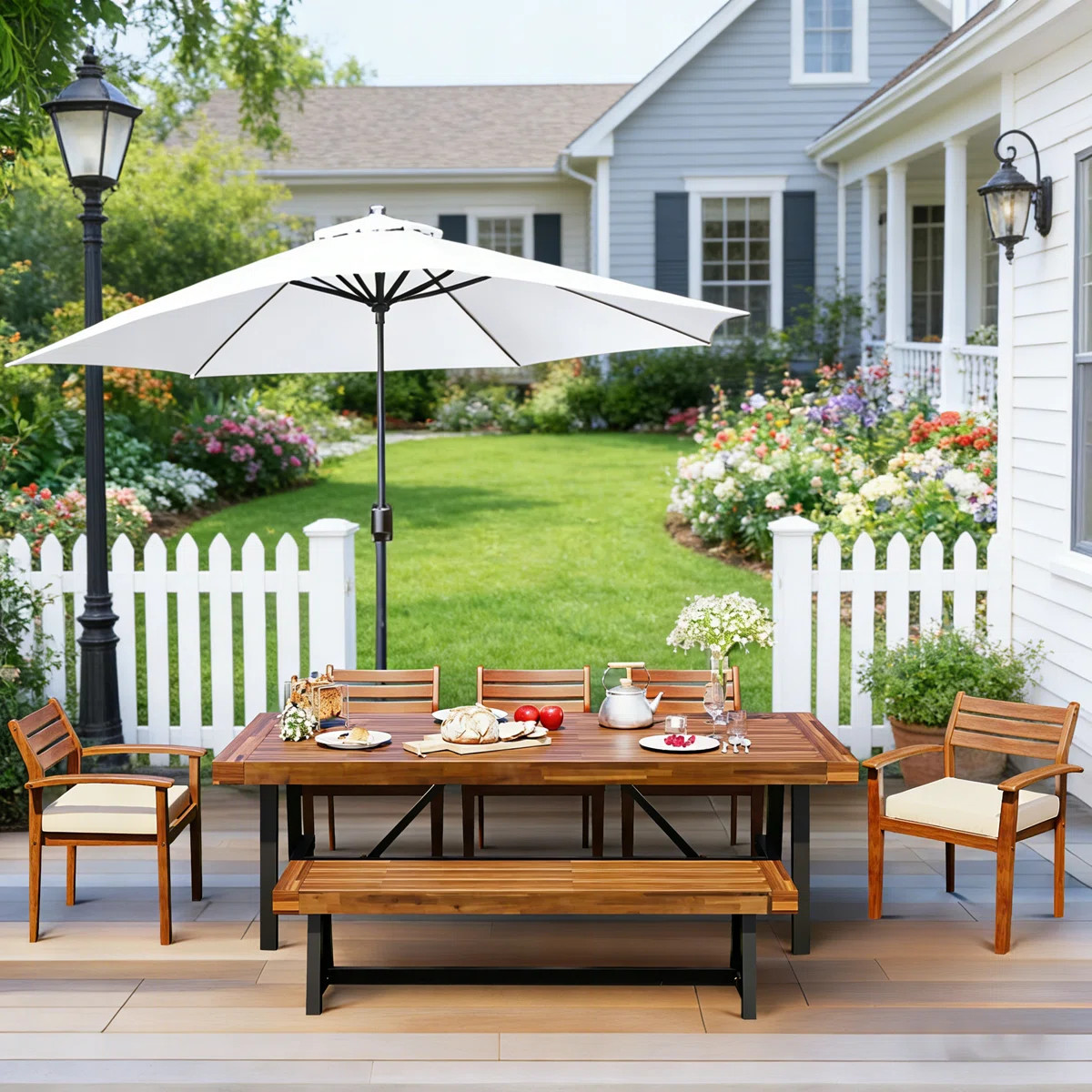 Abdel 8 - Person Acacia Wood Patio Dining Set with Removable Cushion, Ergonomic Chairs And Bench | Wayfair North America