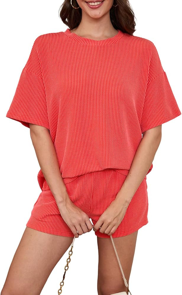 AXOSY Women 2 Piece Outfits Short Sleeve Top and Shorts Tracksuits Summer Lounge Pajama Sets | Amazon (US)