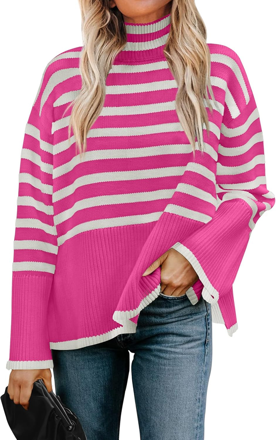 ZESICA Women's 2024 Winter Sweaters Casual Turtleneck Long Sleeve Striped Side Slit Loose Pullove... | Amazon (US)