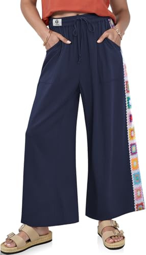 TARSE Womens Wide Leg Linen Pants Summer Casual Drawstring Loose Lounge Palazzo Crochet Panel Pant with Pocket(Navy, S) | Amazon (US)