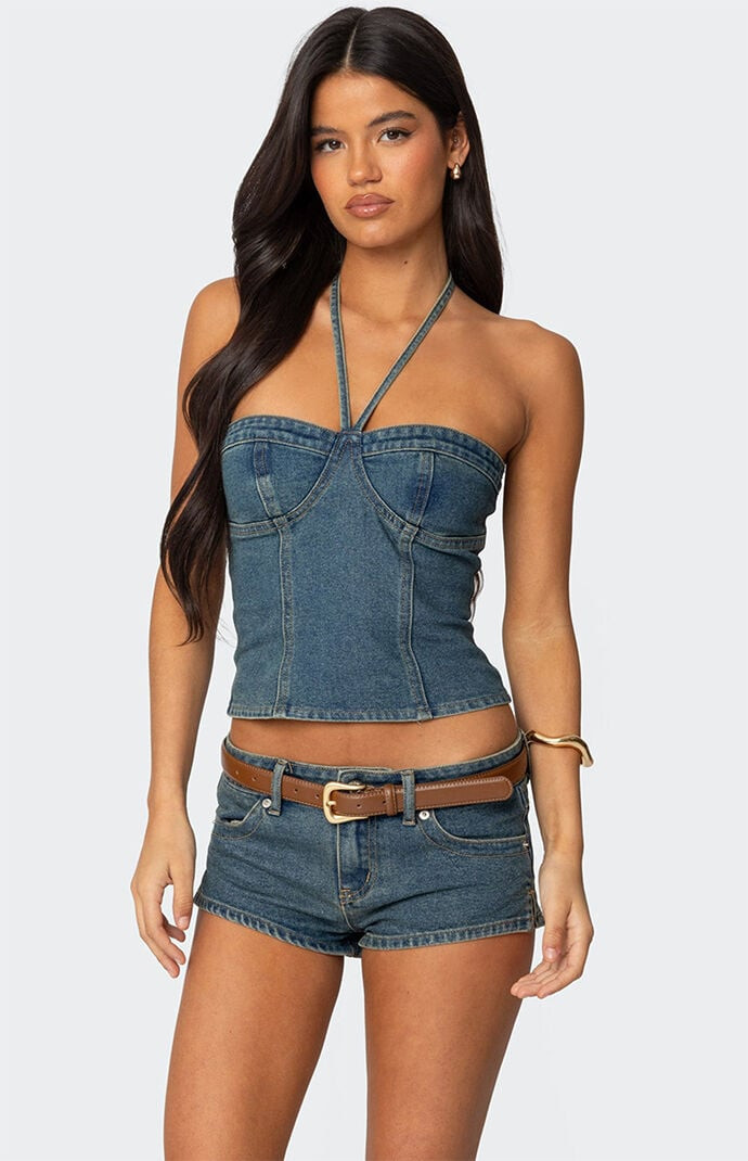Edikted Women's Jagger Denim Halter Top in Blue - Size XL | PacSun