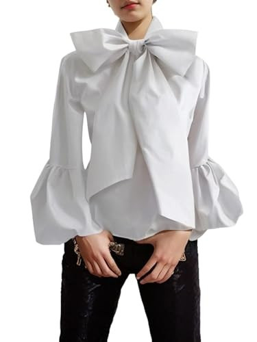UOOZEE Women's Elegant Bow Tie Neck Blouse Long Puff Sleeve Dressy Casual Shirts Office Work Evening Party High Neck Tops, White, L | Amazon (US)