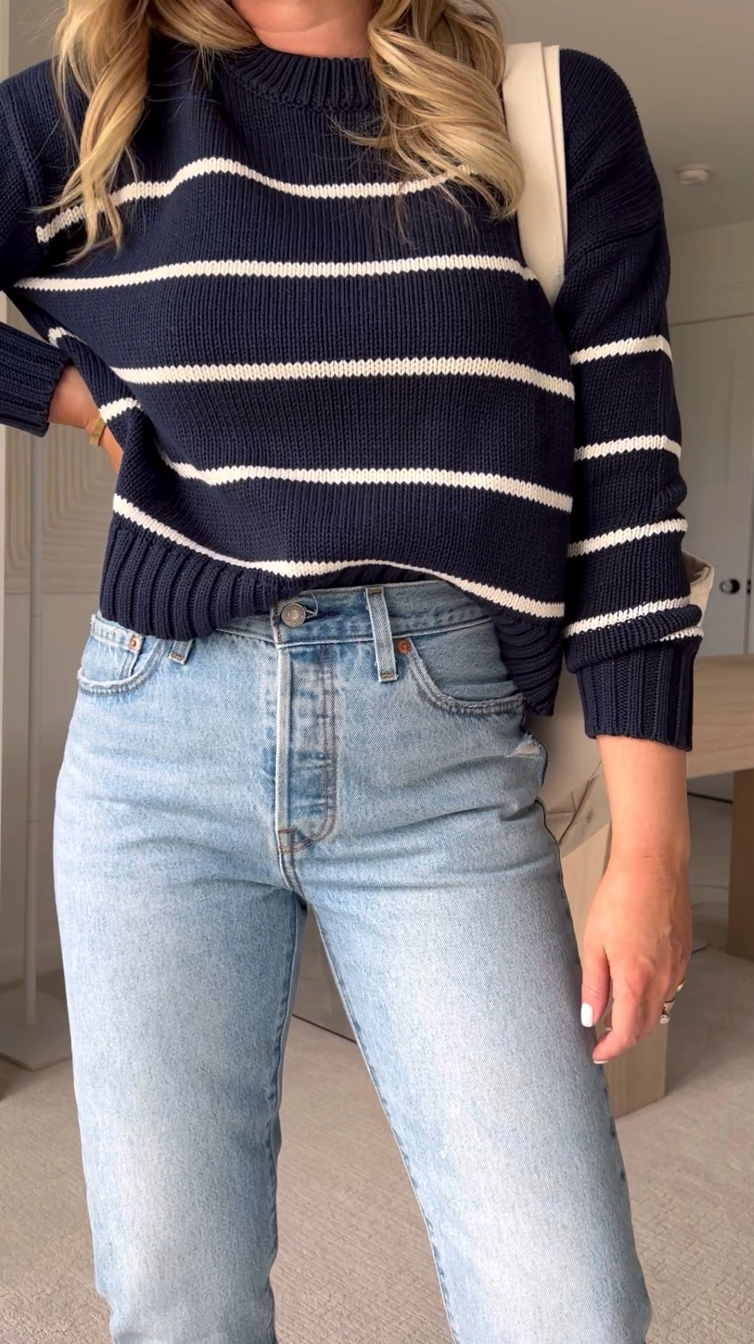 SWEATER: sized down to XS | DENIM: I’m between 27/28 and wearing 28. I recommend going with the longest length and cutting to your desired length  | SANDAL: between 7.5/8 and went with 8