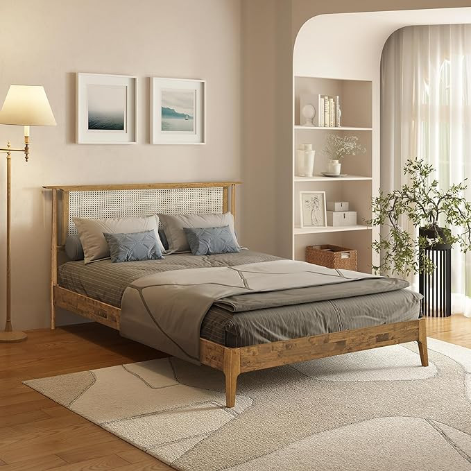 NTC Ruby Wooden Bed Frame with Headboard and Natural Rattan, Solid Oak/Rubber Wood Foundation wit... | Amazon (US)