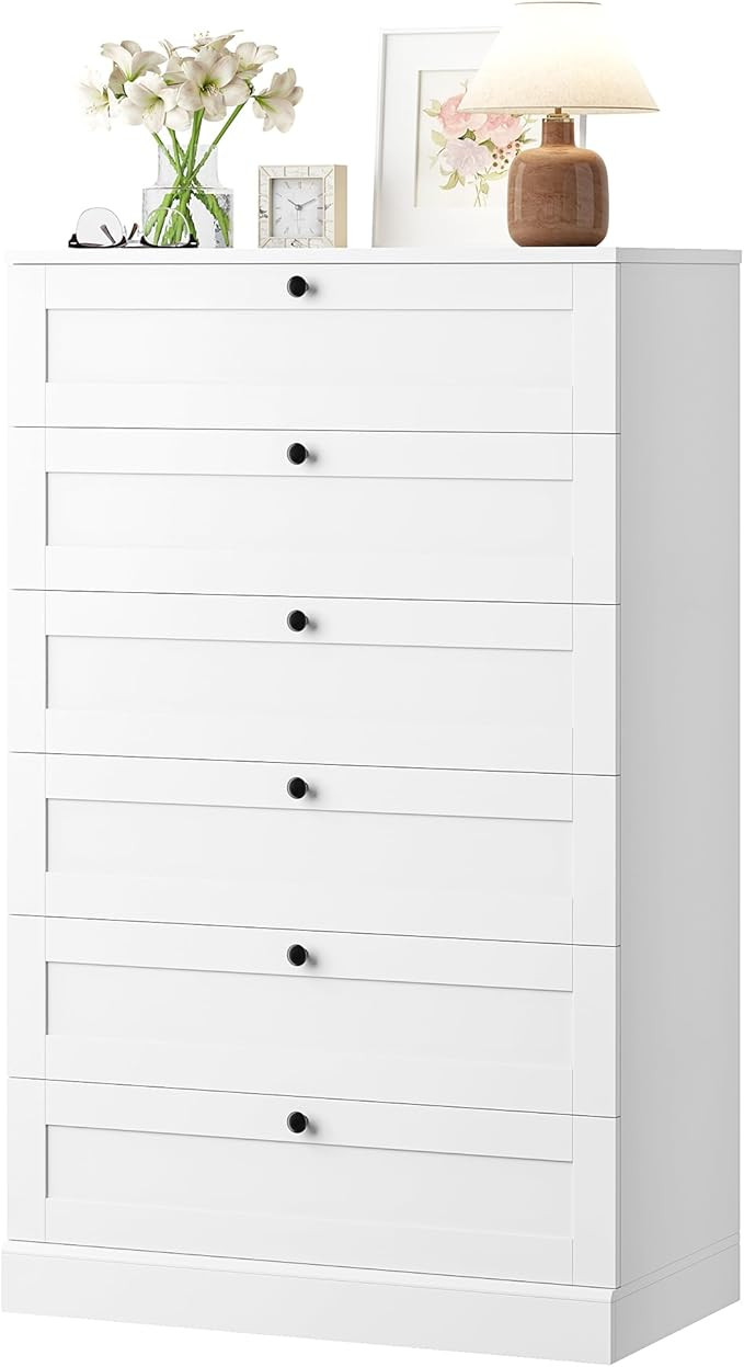 HOSTACK White 6 Drawer Dresser for Bedroom, 52" Tall Dresser & Chest of Drawers, 29" W Wood Drawe... | Amazon (US)