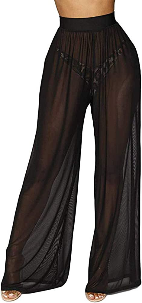 Springcmy Women Ruffle Sheer Mesh Pants See Through Bikini Bottom Swimsuit Cover up Wide Leg Beac... | Amazon (US)