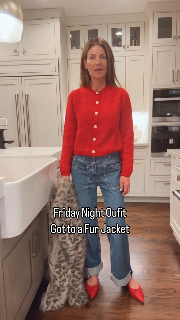 Tonight’s outfit - red cardigan, mid-rise cuffed jeans (fit tts), I am in a 25, and red slides. Added a fur that is under $50 and it’s also available in cream. Perfect for the holiday party season or to just stay warm. 

#LTKStyleTip #LTKFindsUnder100 #LTKOver40