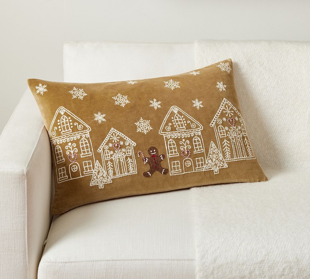 Gingerbread Village Embroidered Lumbar Pillow Cover | Pottery Barn (US)