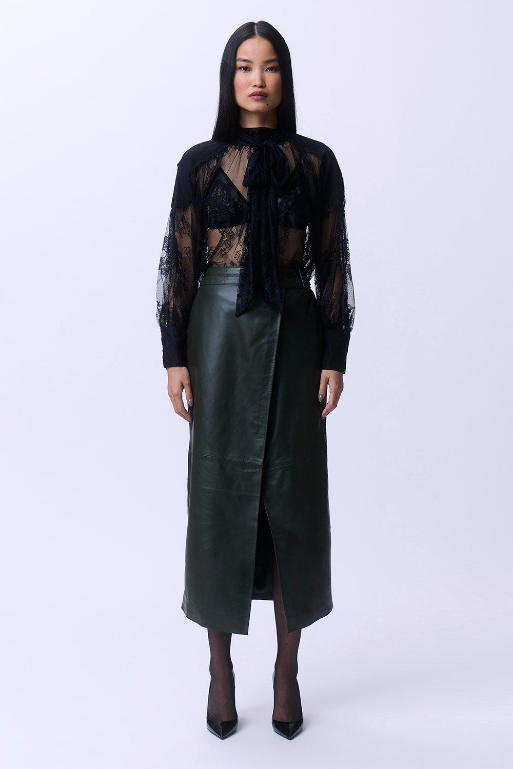 Sheer Lace Balloon Sleeve Bow Detail Blouse | Karen Millen UK + IE + DE + NL