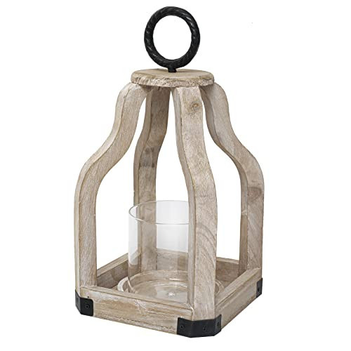 SWALLOWLIVING 13" Rustic Farmhouse Wood Candle Hurricane Lantern with Glass Candlestick Holder for Patio, Table Centerpiece, White Washed | Amazon (US)