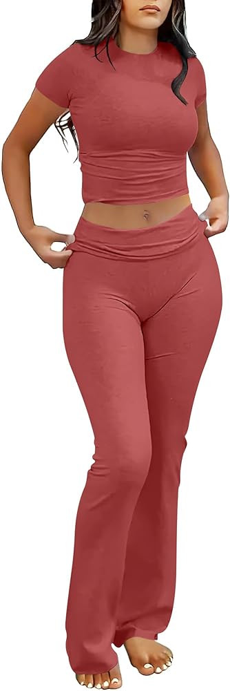 ANRABESS 2 Piece Sets for Women Lounge Loungewear Sets Foldover Yoga Flare Leggings Pants and Cro... | Amazon (CA)