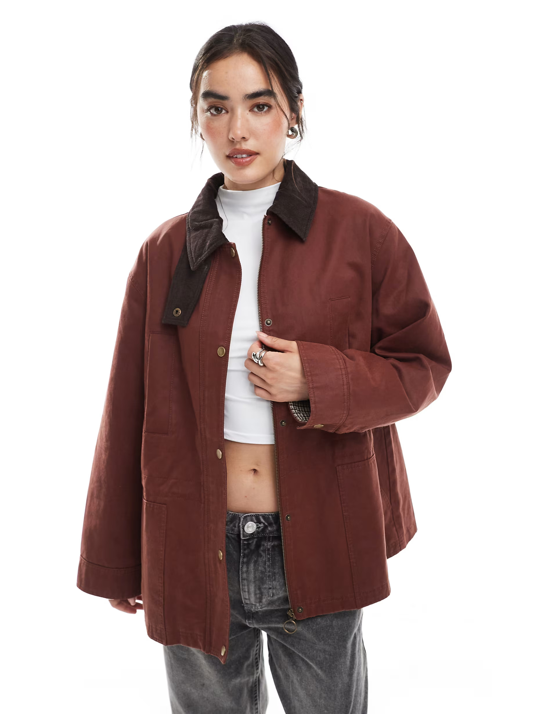 ASOS DESIGN waxed cinched waist jacket with contrast collar in rust | ASOS | ASOS (Global)