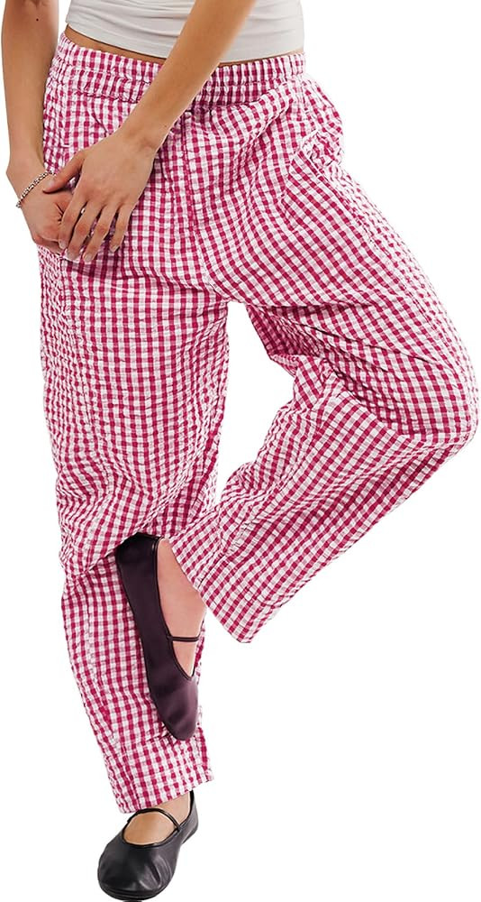 PEHMEA Women's Gingham Lounge Pants with Pockets, Wide Leg Pajama Elastic Waist Casual Loose Fit ... | Amazon (US)