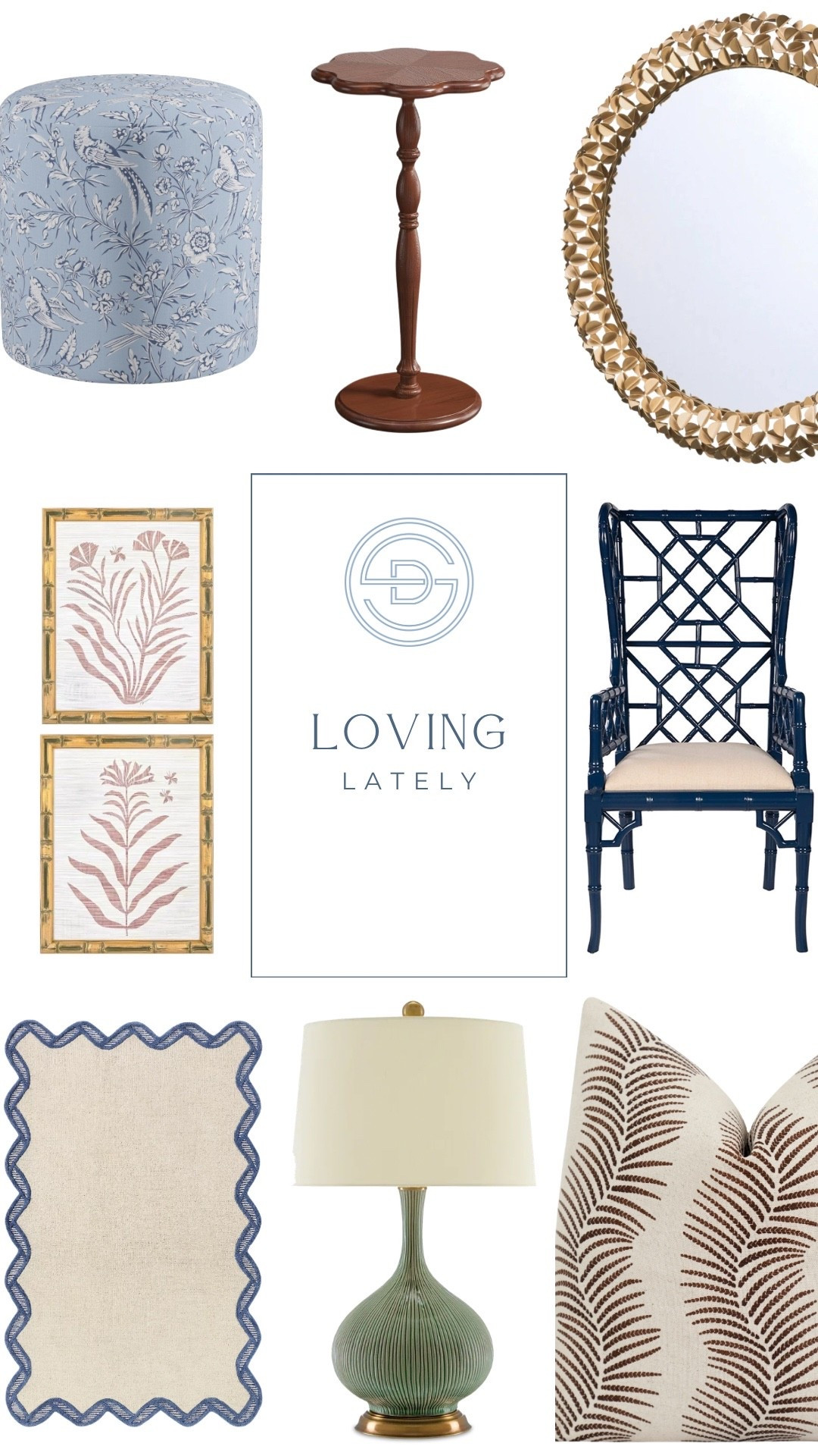 Loving these classic grandmillennial home decor finds! 

Perfect for a classic living room with chinoiserie accents 😍 

Botanical art | side chair | throw pillow | neutral living room rug | gold mirror | chinoiserie chair | navy chair
