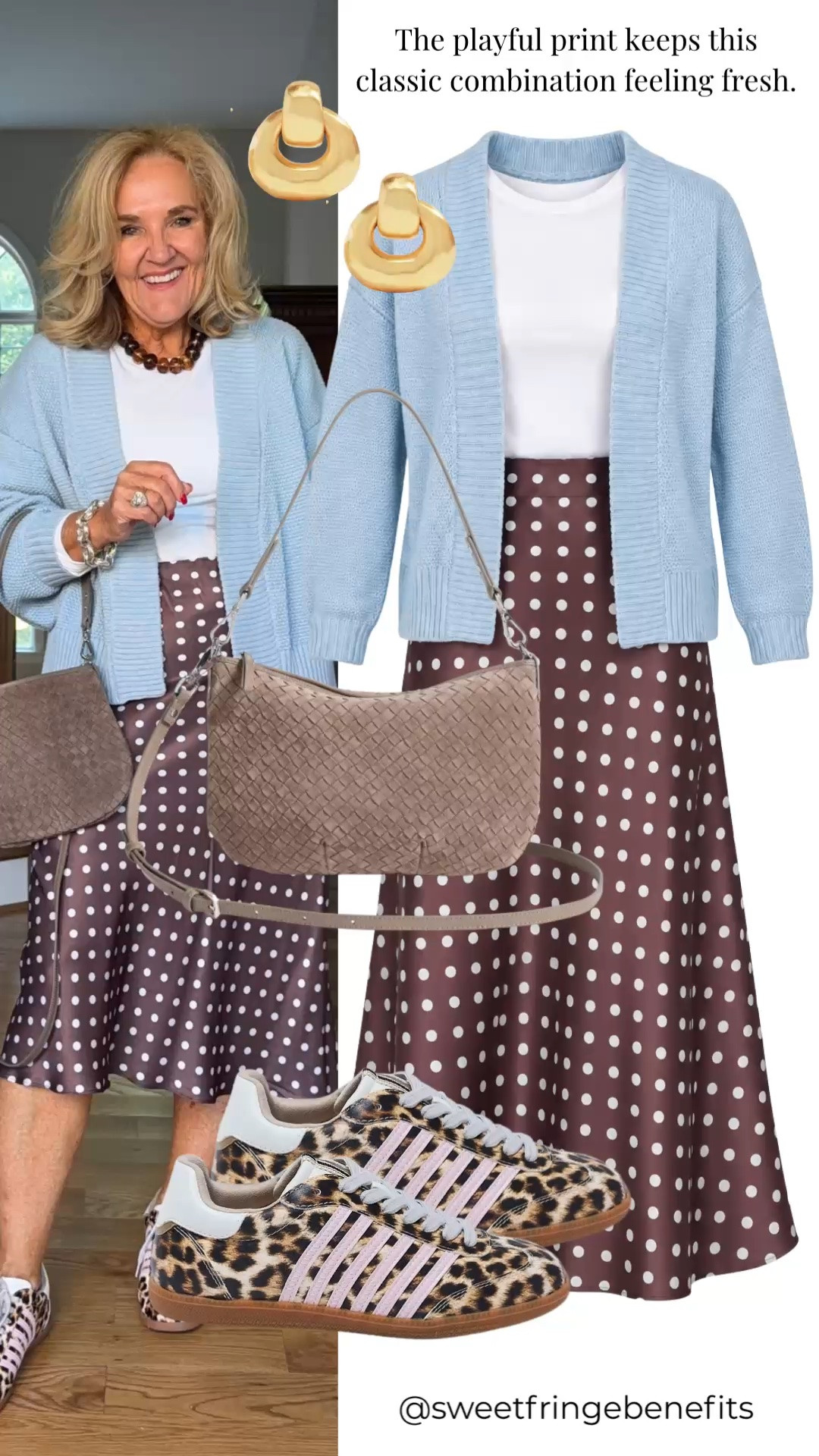 I really like the mix of the playful polka dots with the soft blue cardigan, it feels classic but not boring. I’m wearing a large in the white tee, a medium in the skirt, and a medium in the sweater.

#LTKgrwm #LTKdayinmylife #LTKootd
