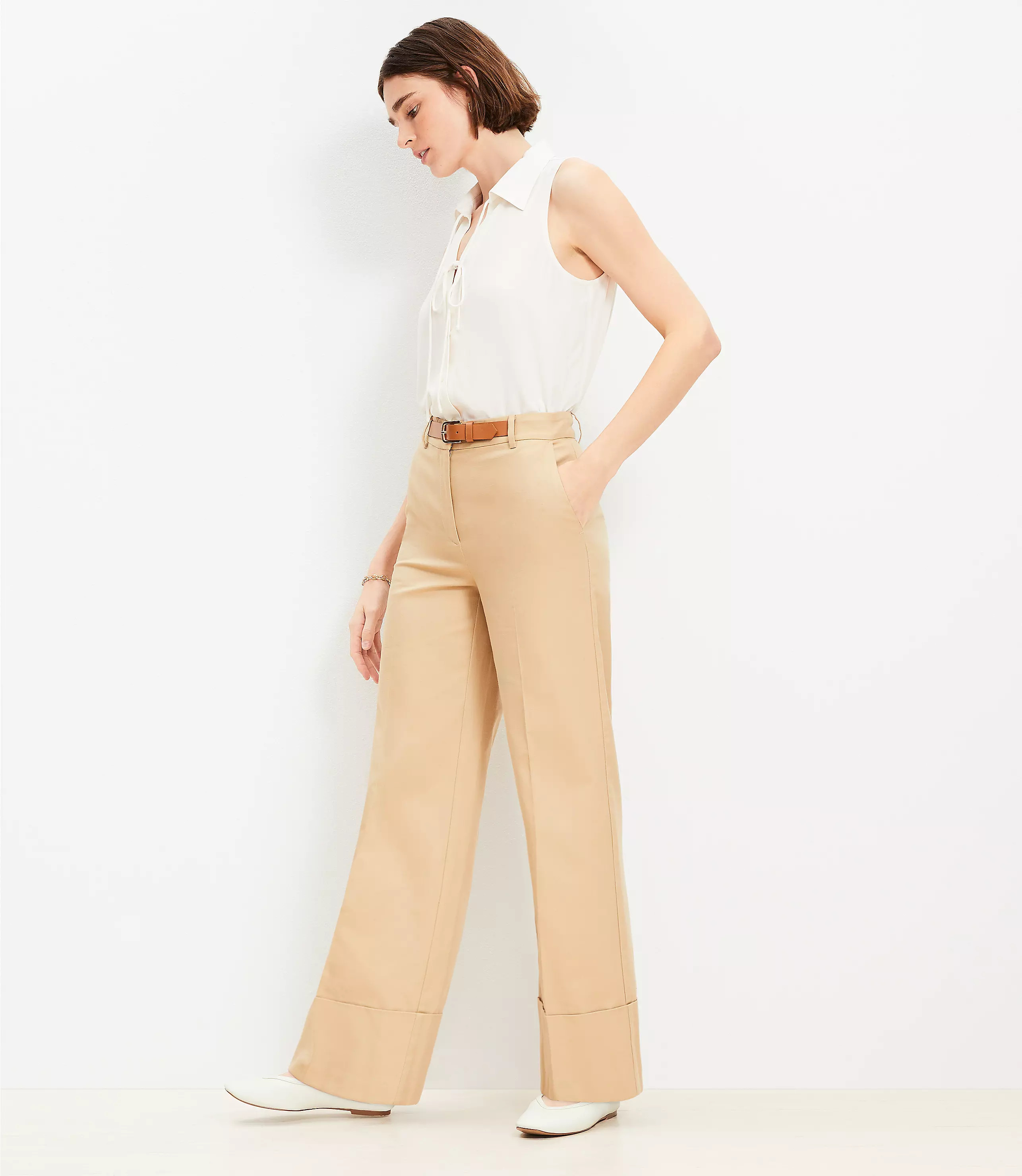 Faux Leather Belted Stovepipe Pants in Twill | LOFT