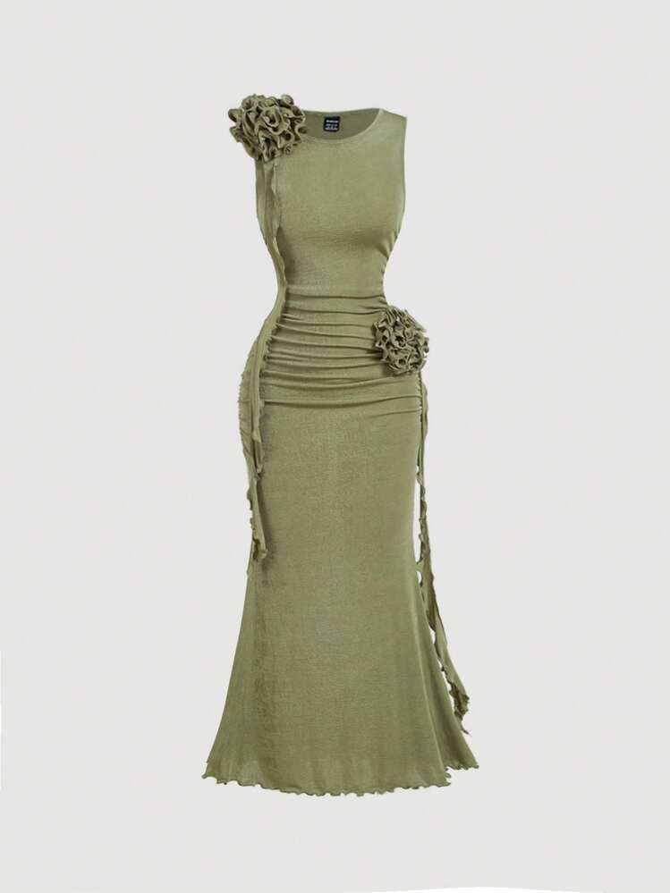 SHEIN MOD Women Ruffled Three-Dimensional Flower Fishtail Hem Green Long Dress, Retro Sleeveless ... | SHEIN