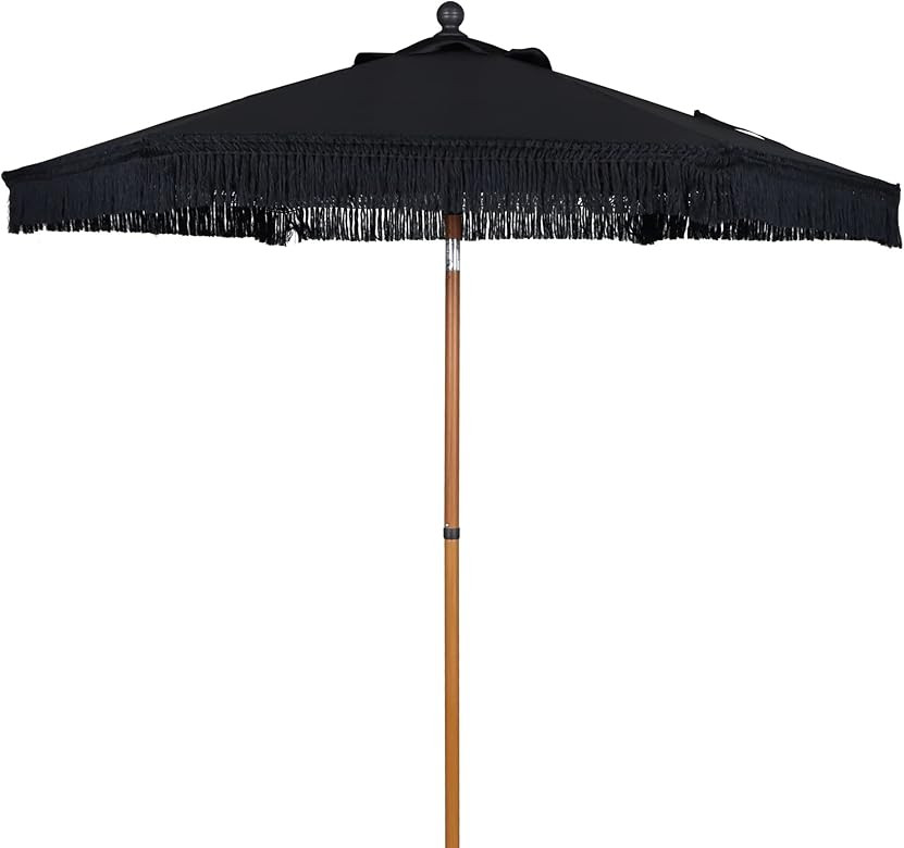 7.5' Black Fringe Round Market Patio Umbrella | Amazon (US)